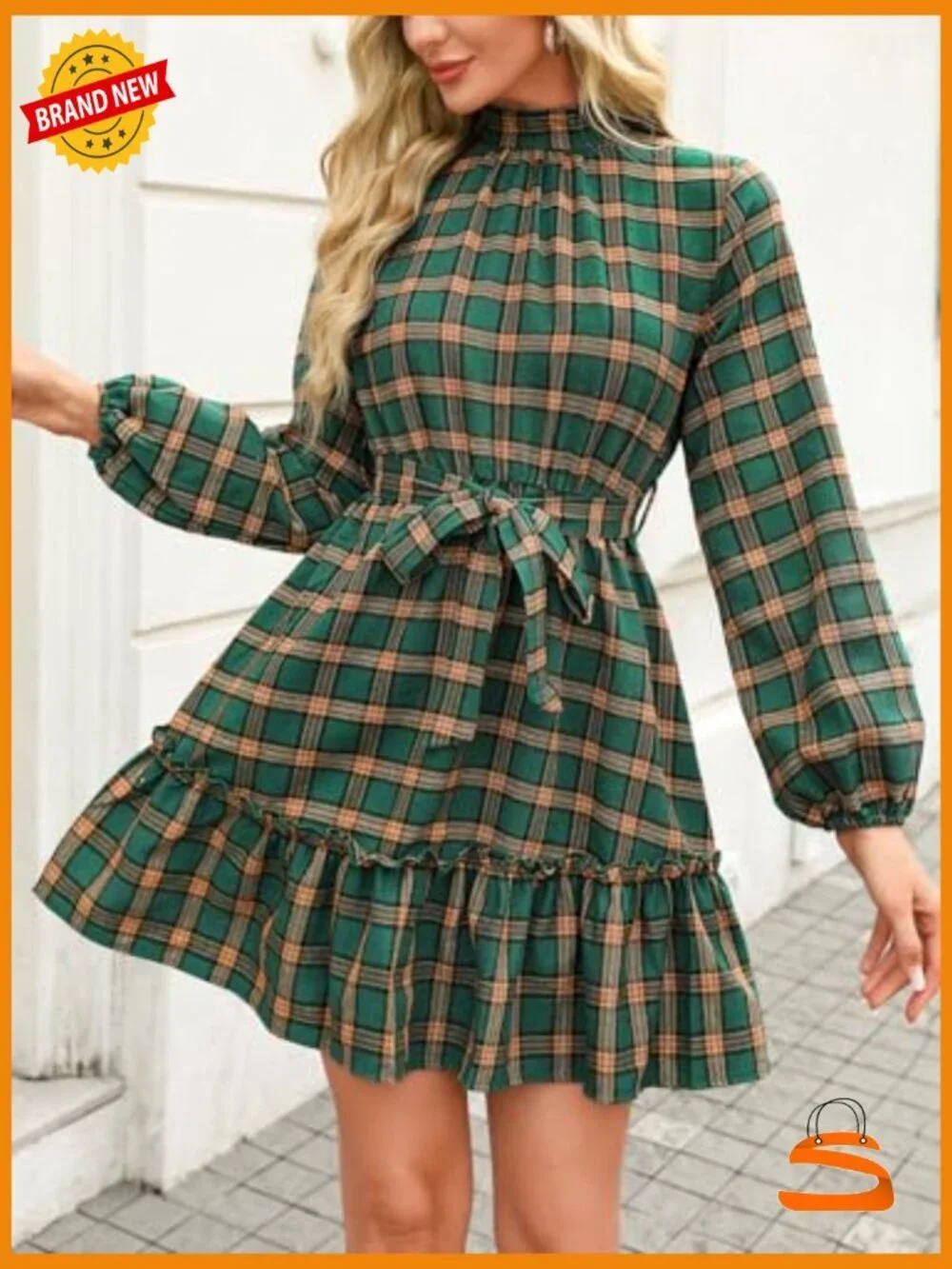 Mini Dress High Neck Plaid Long Sleeve Belted Ruffled Hem Short Dresses